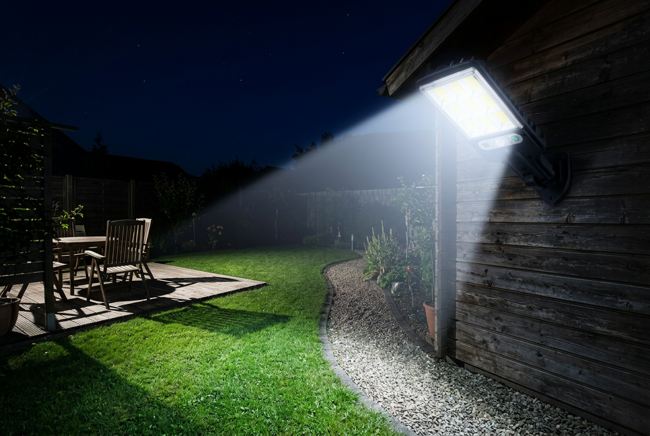 Nachtaufnahme eines Gartens: die Intelamp am Gartenhaus beleuchtet Rasen, Kiesweg und Terrasse