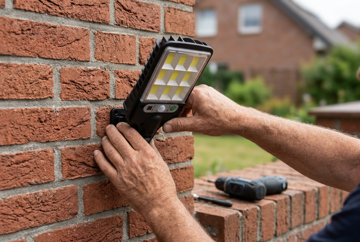 Ein Mann hält die Intelamp Solarleuchte an eine Klinkerwand und schraubt die Wandhalterung fest