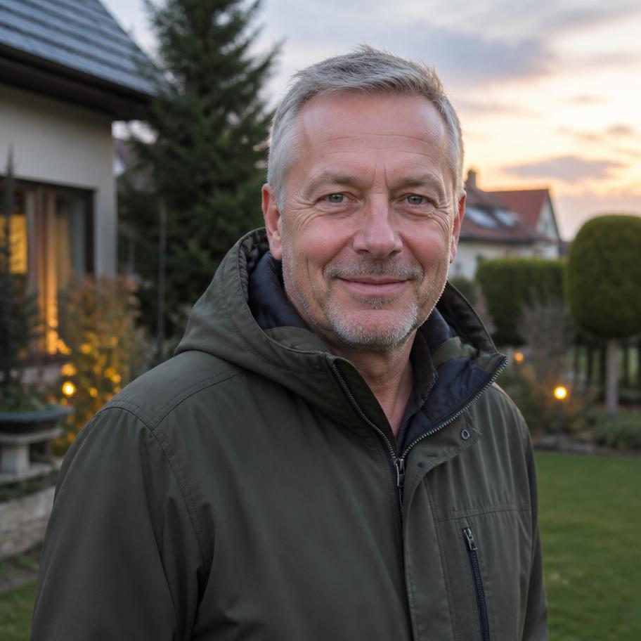 Thomas K., 58, Hausbesitzer aus Niedersachsen, steht abends in seinem Vorgarten